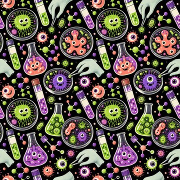 Friendly Laboratory Microbe Monsters Seamless Pattern