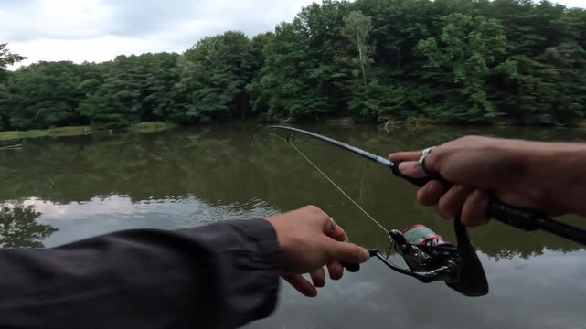POV angler casting fishing rod into a calm forest river, lush green trees reflecting on tranquil water surface