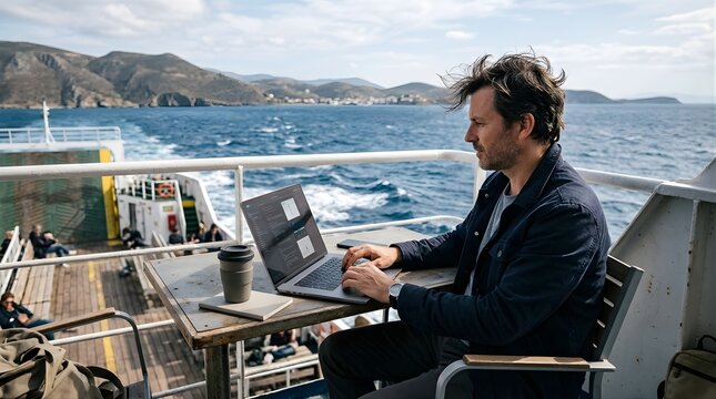 man working on laptop computer on ferry deck while traveling at sea