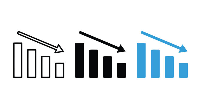 Declining bar graph with downward arrow presented in black white and blue