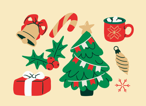 Vector illustration of Christmas tree, gift box, bell, candy cane, holly, ornament, mug and snowflake in festive holiday style
