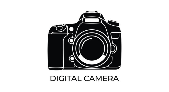 Black silhouette of a digital single lens reflex camera on a white background