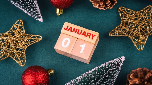 Wooden blocks display January 01 next to festive Christmas decorations symbolizing New Year's Day start.