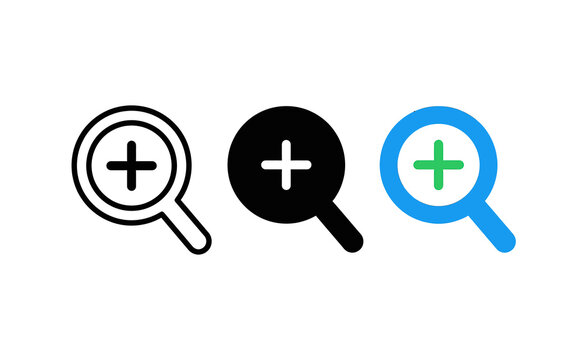 Minimalist magnifying glass zoom icons set in black and blue