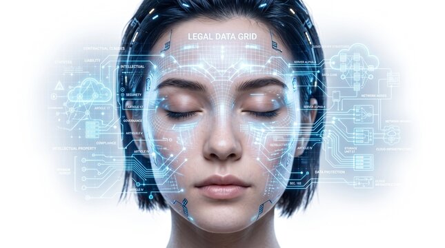 Close Up Female AI Face with Holographic Data Regulation Grid on Solid White Background