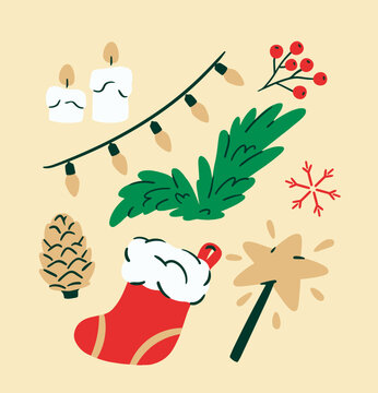 Vector illustration of Christmas stocking, candles, string lights, pine branch, berries, pine cone, snowflake and star wand in festive style