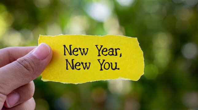 Yellow paper scrap with handwritten new year new you text held by hand against natural green bokeh background.