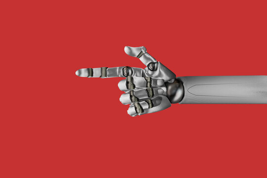   White cyborg robotic hand pointing his finger, folded up like a pistol. Risks associated with the AI ​​concept.