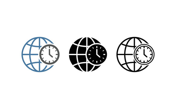 Minimalist world globe icons with clocks representing global time zones and schedule