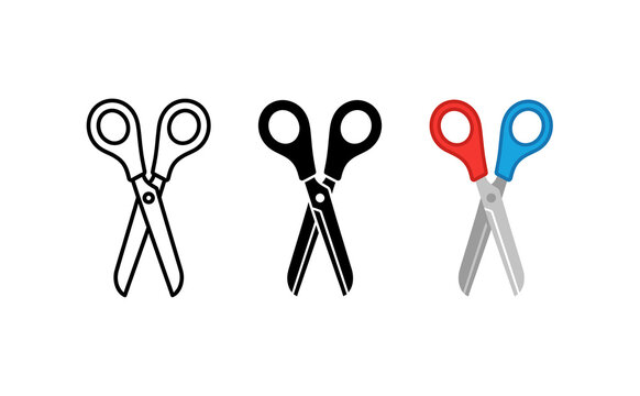 Minimalist scissors icons set in outline silhouette and colorful vector design