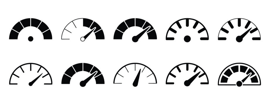 Speedometer icon, speed indicator sign, performance gauge, dashboard technology, clean vector design.