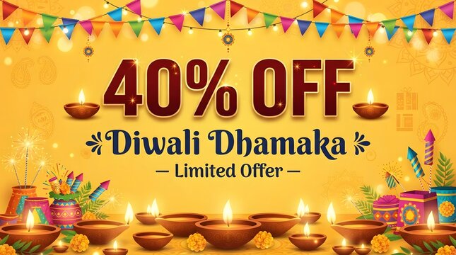 Diwali dhamaka sale banner with 40 percent discount, colorful bunting flags and traditional oil lamps
