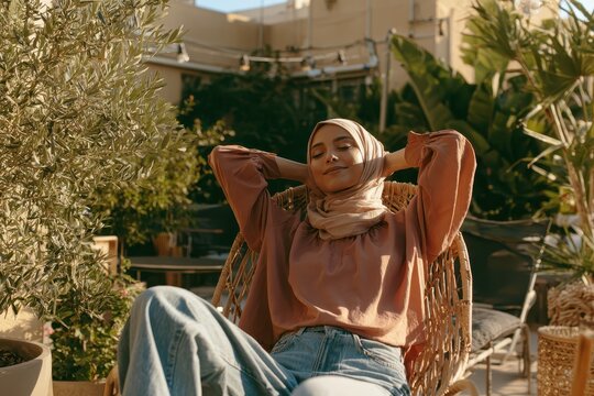Relaxed young Muslim woman with a hijab sitting in a lounge chair on a sunny rooftop terrace and enjoying leisure time