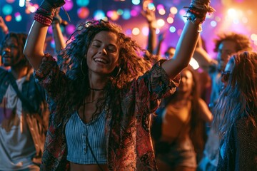 Obraz premium Friends Have Fun Dancing at an Outdoor Music Festival With Colorful Lights During a Lively Evening Event