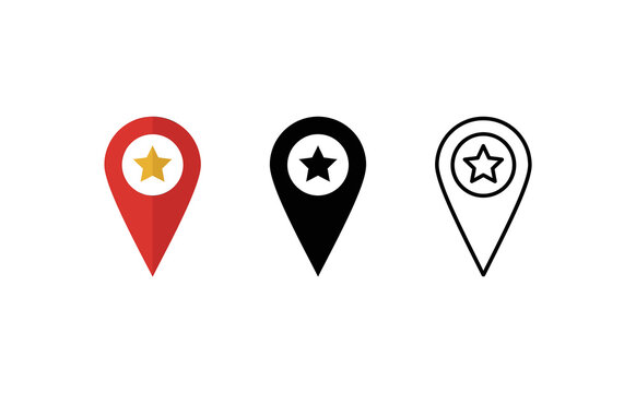 Minimalist map pin icons featuring star symbols in red, black, and outline styles