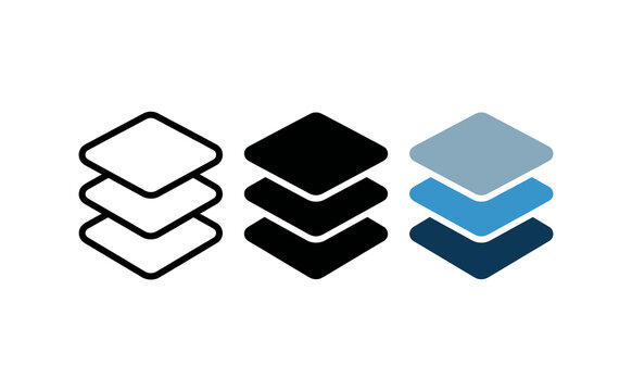 Minimalist isometric layers icons set featuring outline solid and blue color variations on white
