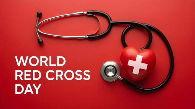 World Red Cross Day Healthcare Stethoscope and Heart Symbol on Red Background