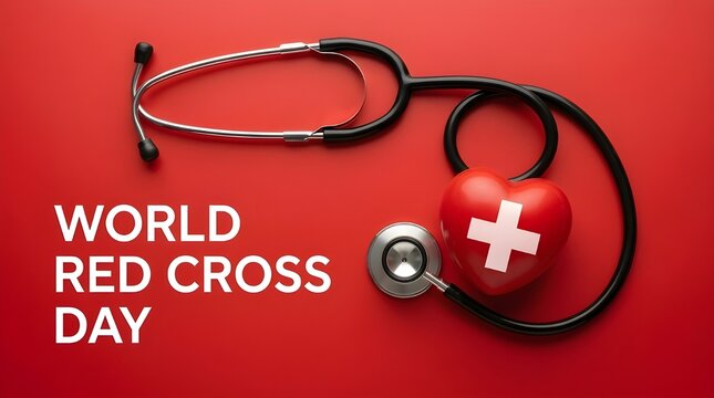 World Red Cross Day Healthcare Stethoscope and Heart Symbol on Red Background