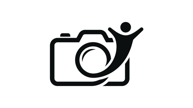 Minimalist black camera icon featuring stylized human figure with raised arms for creative photography branding designs