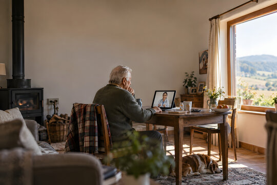 Senior patient having a telemedicine consultation with a doctor on a tablet in a rural home, highlighting remote healthcare access, digital medicine and connectivity.
