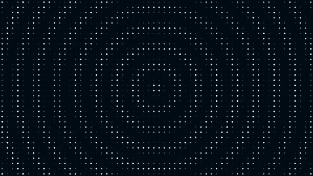 Seamless loop: geometric dot grid forms concentric circular patterns on dark blue background. Animated particle array creates hypnotic digital rhythm. Tech-inspired design for data visualization.