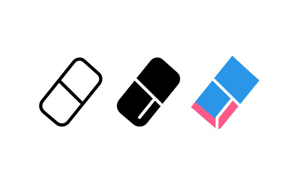 Minimalist eraser icon set showing outline solid and colored rubber designs on white