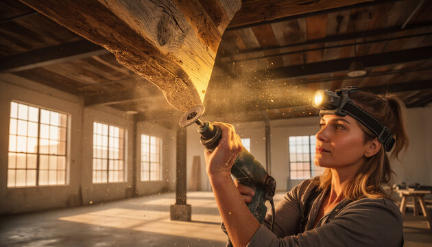 Focused woodworker carving large wooden beam with angle grinder creating sparks and dust, wearing headlamp, professional woodworking craftsmanship with copy space for text