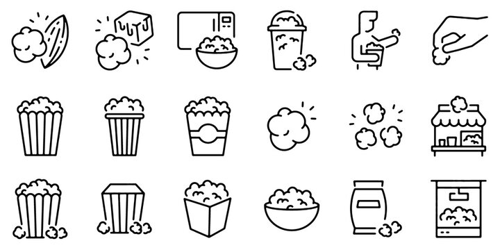 Popcorn icon set. Snack, corn, cinema food and crispy Treat symbols. Editable stroke. Vector illustration.