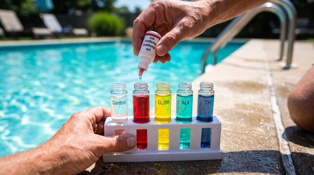 Hands holding professional water testing kit with colorful reagent vials for accurate outdoor swimming pool chemical maintenance and safety analysis
