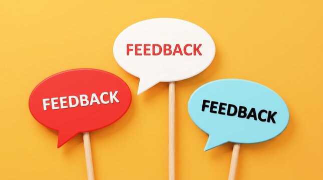 Three colorful speech bubble signs with wooden sticks displaying the word feedback written in bold letters on vivid surfaces