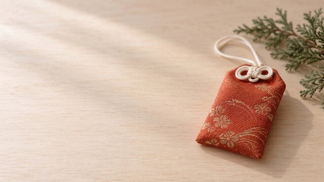 Japanese omamori amulet with evergreen branch
