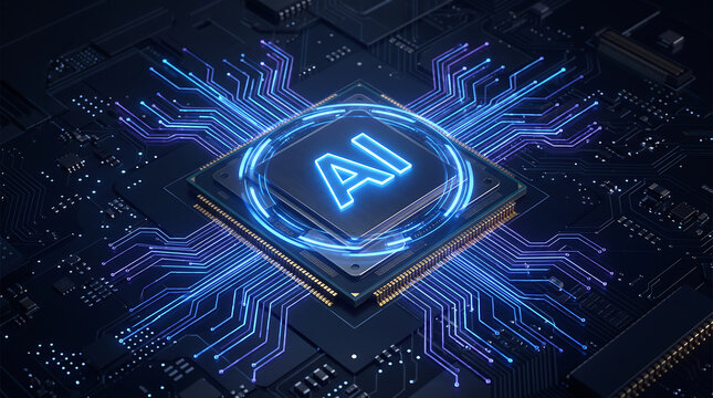 Glowing artificial intelligence processor chip on a futuristic circuit board, representing AI computing, machine learning, neural processing and digital innovation.