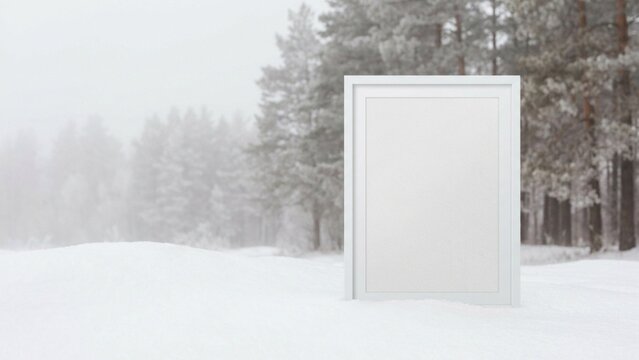 Minimal winter poster frame mockup in snowy landscape