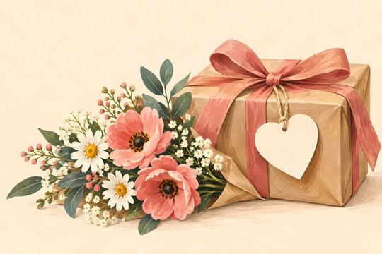 Gouache gift box with flowers on cream paper