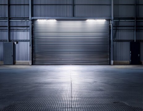concrete floor and shutter door inside industrial building at night to construction for factory or warehouse new clean and shiny surface nobody and empty space suit for product display background