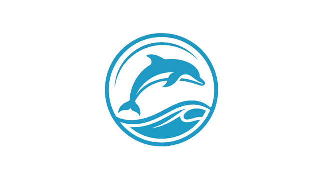 Vibrant blue dolphin jumping inside a circular frame logo design on a textured paper surface
