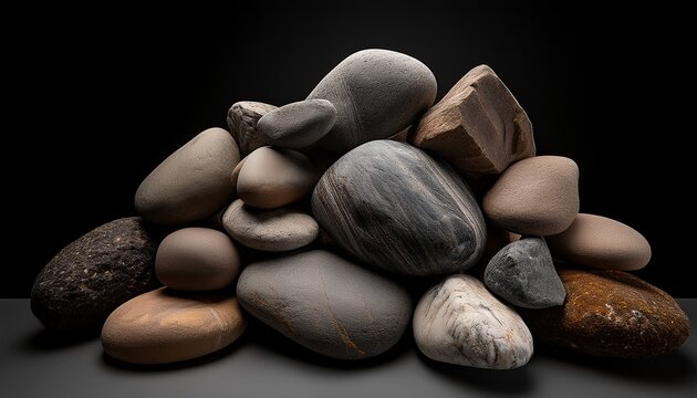 a pile of varied gray and brown rocks clustered together with uneven surfaces and textures against a stark black background