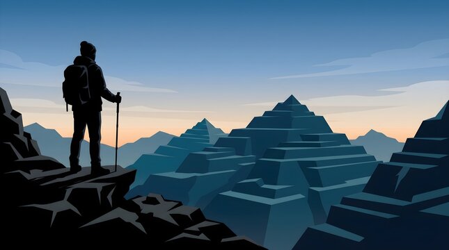 Explorer standing on mountain peak viewing ancient ziggurat temple in distance.