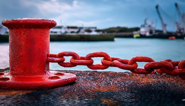red old rustic metal chain in port in ireland