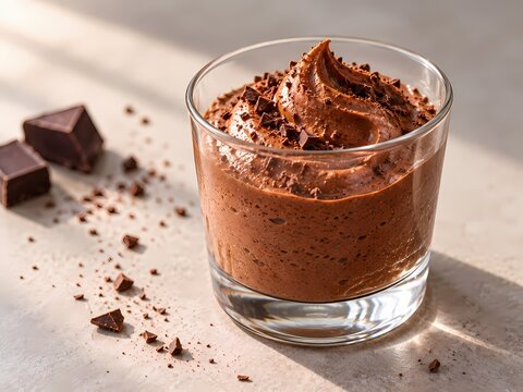 Dark Chocolate Mousse in Clear Glass with Copy Space