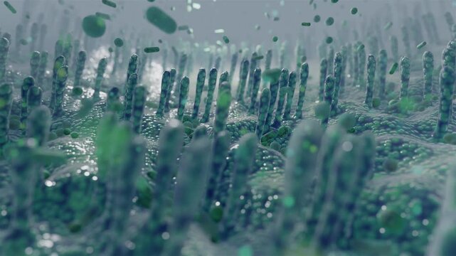 Seamless loop of gut microbiome bacteria floating over intestinal villi landscape. Realistic microscopic medical visualization of digestive system microflora, mucosal tissue, and probiotic health back