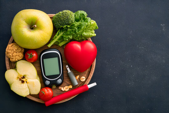 Diabetes Awareness Day and the concept of healthcare. Managing a patient's blood sugar, measuring diabetes, and a diet rich in nutritional values, displayed with a red heart on a black background.