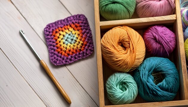 colorful wool in wooden box with crochet hook and granny square