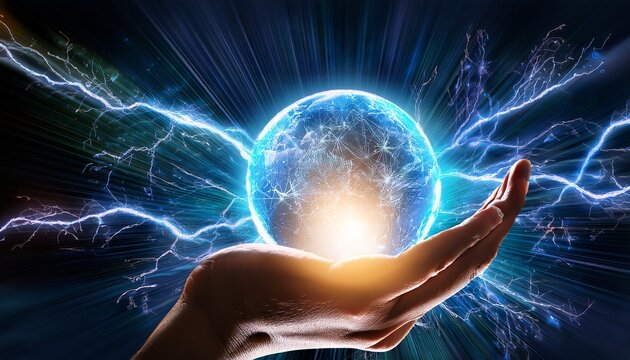 a hand holds a glowing orb surrounded by lightning bolts this image symbolizes power and energy it can also be used for concepts like technology or innovation