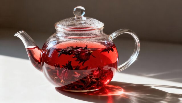 Clear glass teapot filled with red tea leaves