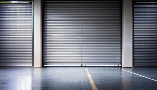 roller door or roller shutter inside factory warehouse or industrial building modern interior design with polished concrete floor and empty space for product display or industry background