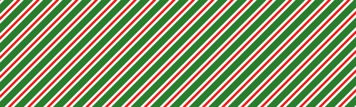Candy cane pattern, Christmas stripe diagonal background. Holiday gift wrapping paper, retro decoration backdrop red, green and white line colors. Cartoon Xmas fabric textile. Cute vector illustration