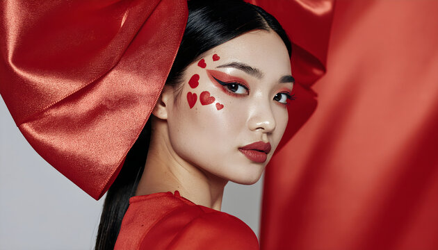 Young asian woman wearing red bow and heart makeup
