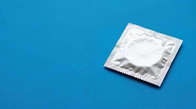 Condom in silver foil packaging on blue background. Safe sex and contraception concept with copy space