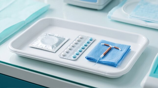Various birth control methods on medical tray including condom pills and IUD. Contraception and reproductive health options concept